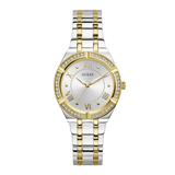 Two-tone Guess watch with gold and silver band on a white background