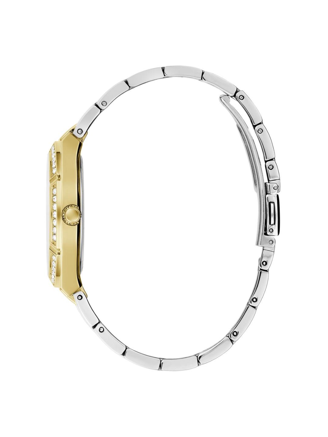 Close-up of a watch band with gold and silver accents on a white background