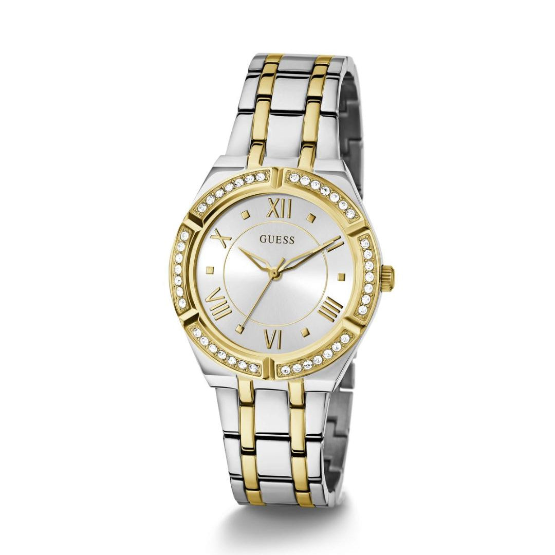 Two-tone Guess watch with a white face and gold accents on a white background