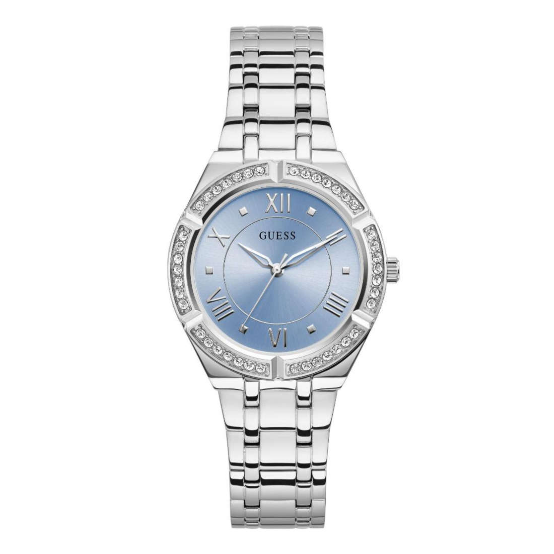 Silver watch with a blue face on a white background