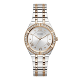 Two-tone watch with rose gold and silver band on a white background