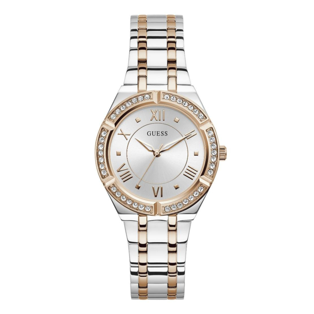 Two-tone watch with rose gold and silver band on a white background