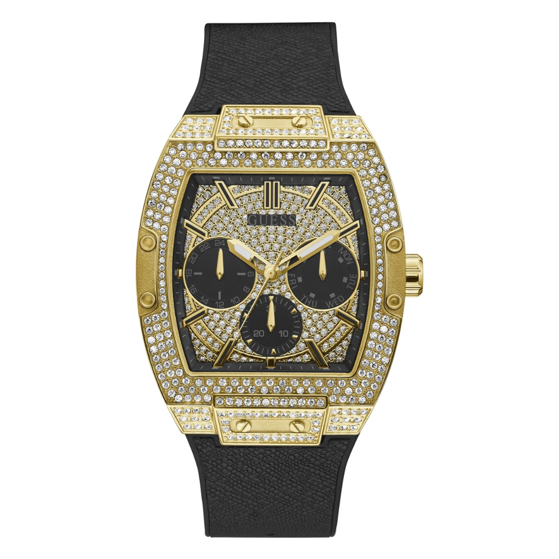Guess Phoenix Collection Multi-Function Mens Analog Gold Dial Coloured Quartz Watch, Tonneau Dial with 43 X 51 mm Case Width GW0048G2