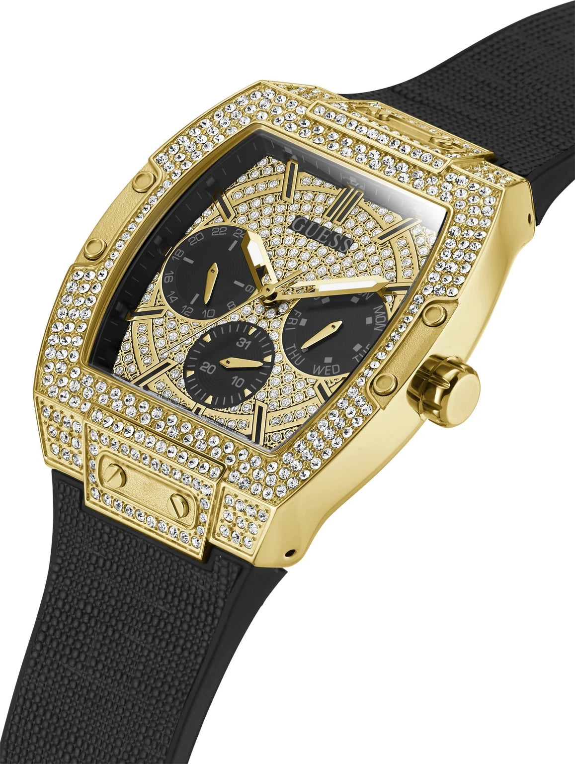 Guess Phoenix Collection Multi-Function Mens Analog Gold Dial Coloured Quartz Watch, Tonneau Dial with 43 X 51 mm Case Width GW0048G2