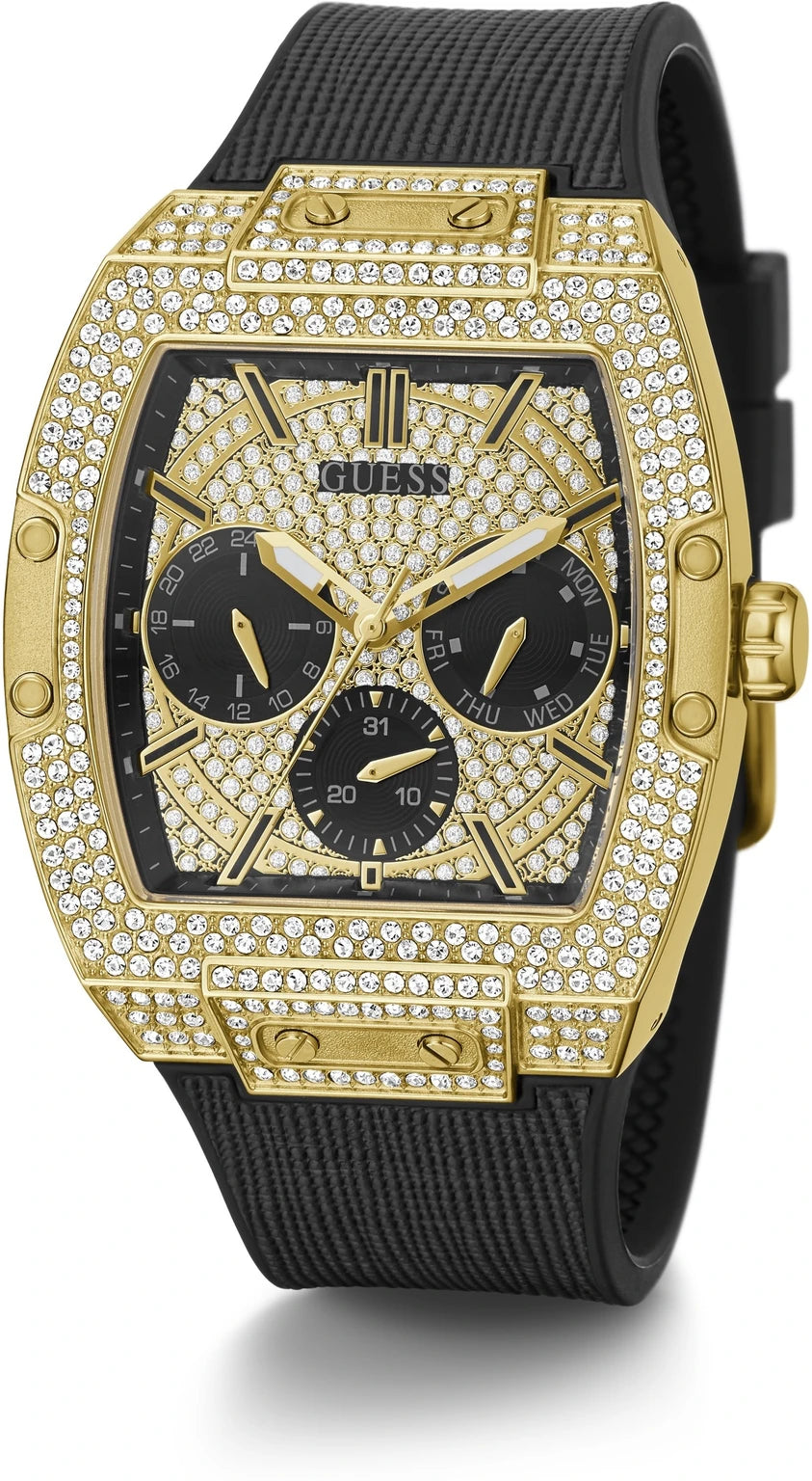 Guess Phoenix Collection Multi-Function Mens Analog Gold Dial Coloured Quartz Watch, Tonneau Dial with 43 X 51 mm Case Width GW0048G2