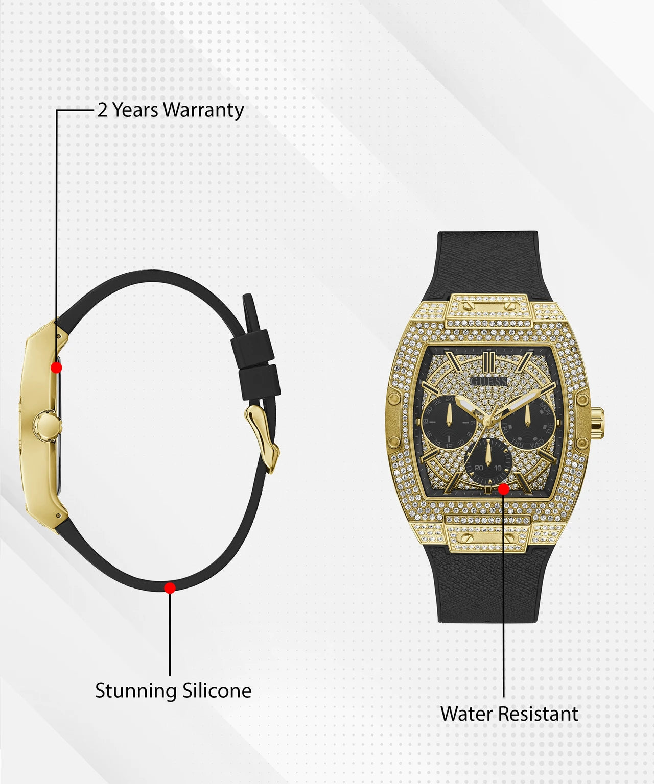 Guess Phoenix Collection Multi-Function Mens Analog Gold Dial Coloured Quartz Watch, Tonneau Dial with 43 X 51 mm Case Width GW0048G2