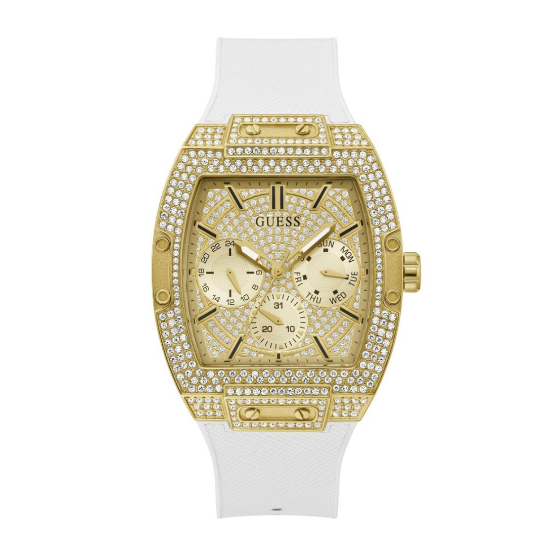 Gold Guess watch with white strap on a white background