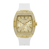 Gold Guess watch with white strap on a white background
