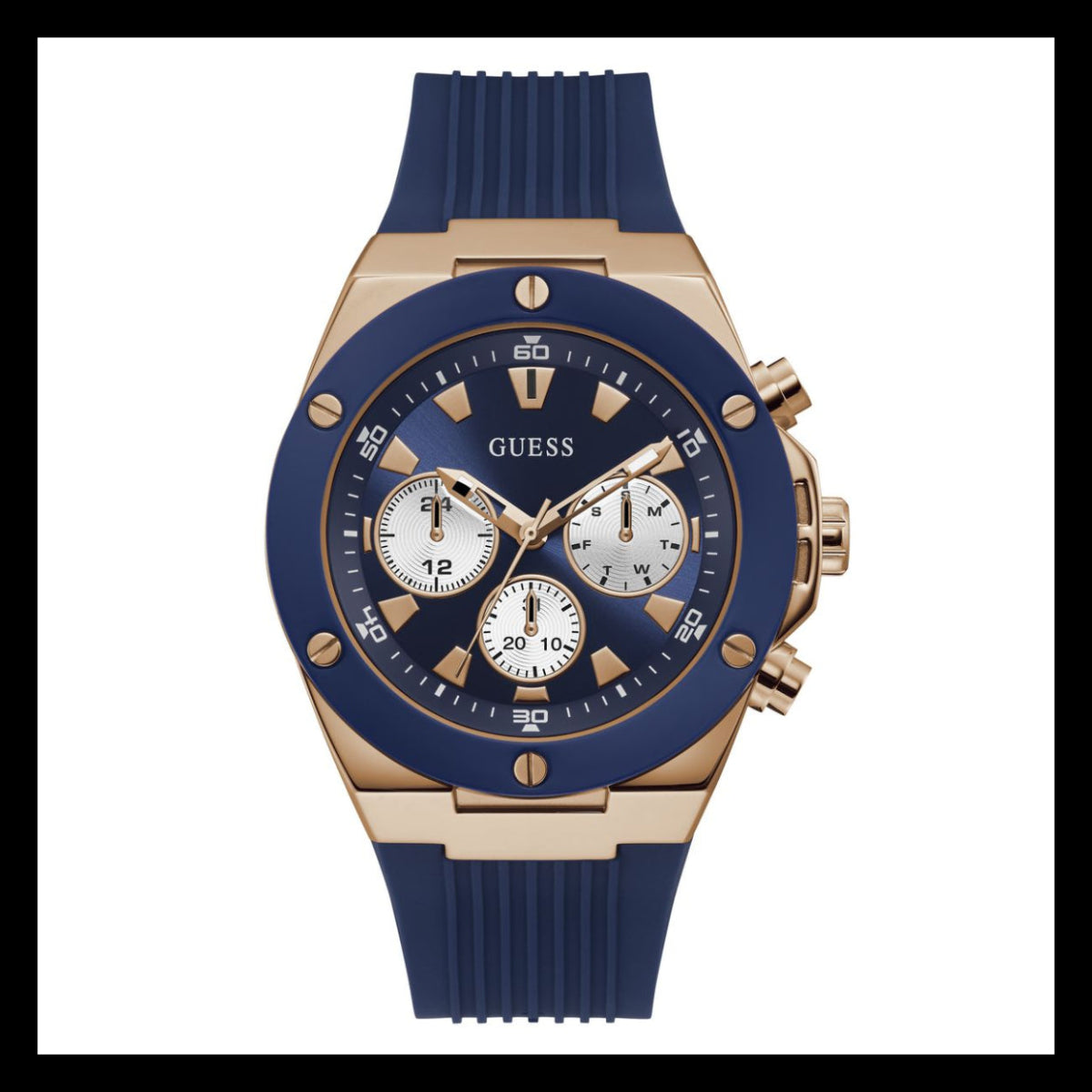 A Guess men's chronograph watch featuring a blue dial and blue textured silicone strap, paired with a rose gold-tone case and bezel.