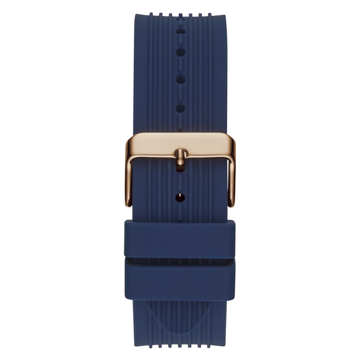 A navy blue silicone watch strap with a textured vertical rib pattern and a rose gold buckle, shown against a plain white background.
