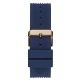 A navy blue silicone watch strap with a textured vertical rib pattern and a rose gold buckle, shown against a plain white background.