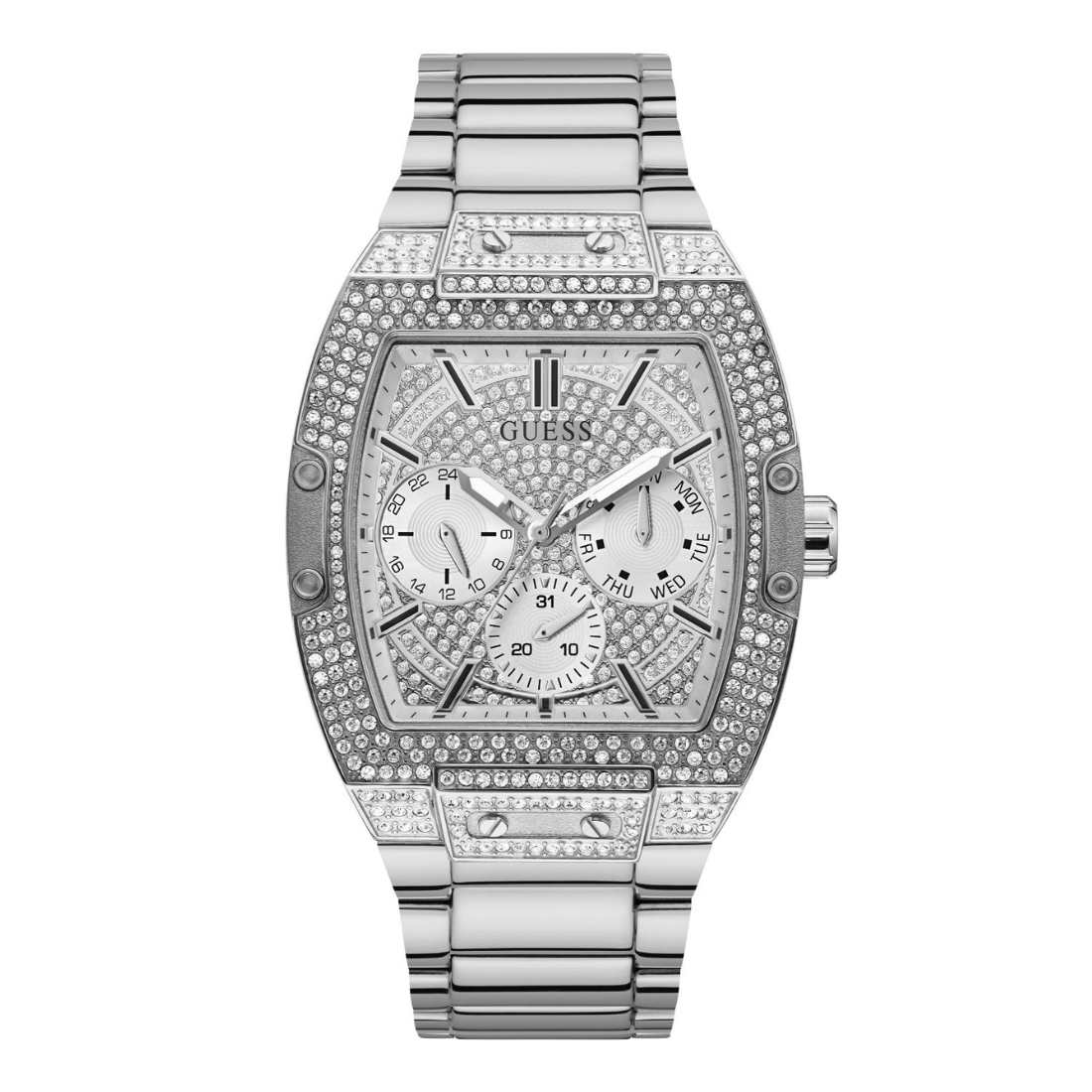 A silver-tone stainless steel wristwatch with a diamond-encrusted bezel, matching crystal-embellished dial, and integrated link bracelet, shown against a plain white background.