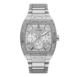 A silver-tone stainless steel wristwatch with a diamond-encrusted bezel, matching crystal-embellished dial, and integrated link bracelet, shown against a plain white background.