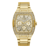 Gold watch with gemstone accents on a white background