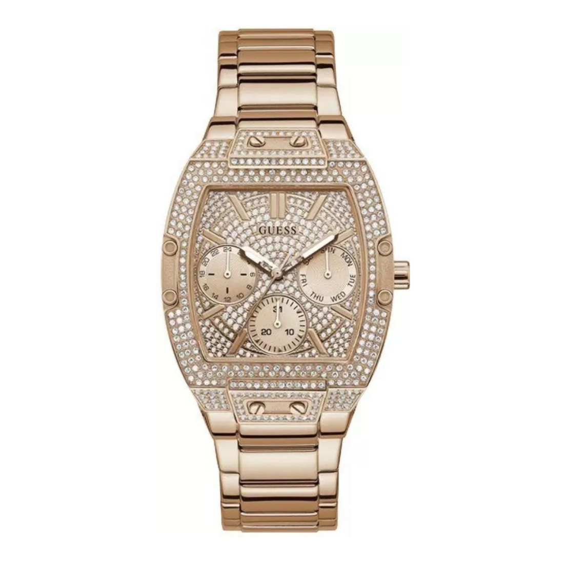 A rose gold Guess watch with a diamond-encrusted bezel, multi-dial face, and matching metal link bracelet, shown against a plain white background.