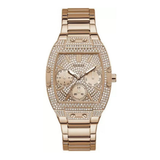 A rose gold Guess watch with a diamond-encrusted bezel, multi-dial face, and matching metal link bracelet, shown against a plain white background.