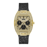 Luxury watch with gold case, black face, and black glittery strap on a white background