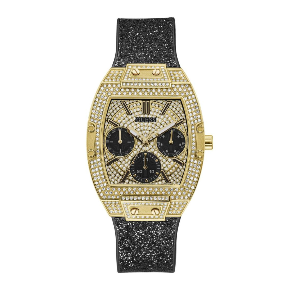 Luxury watch with gold case, black face, and black glittery strap on a white background