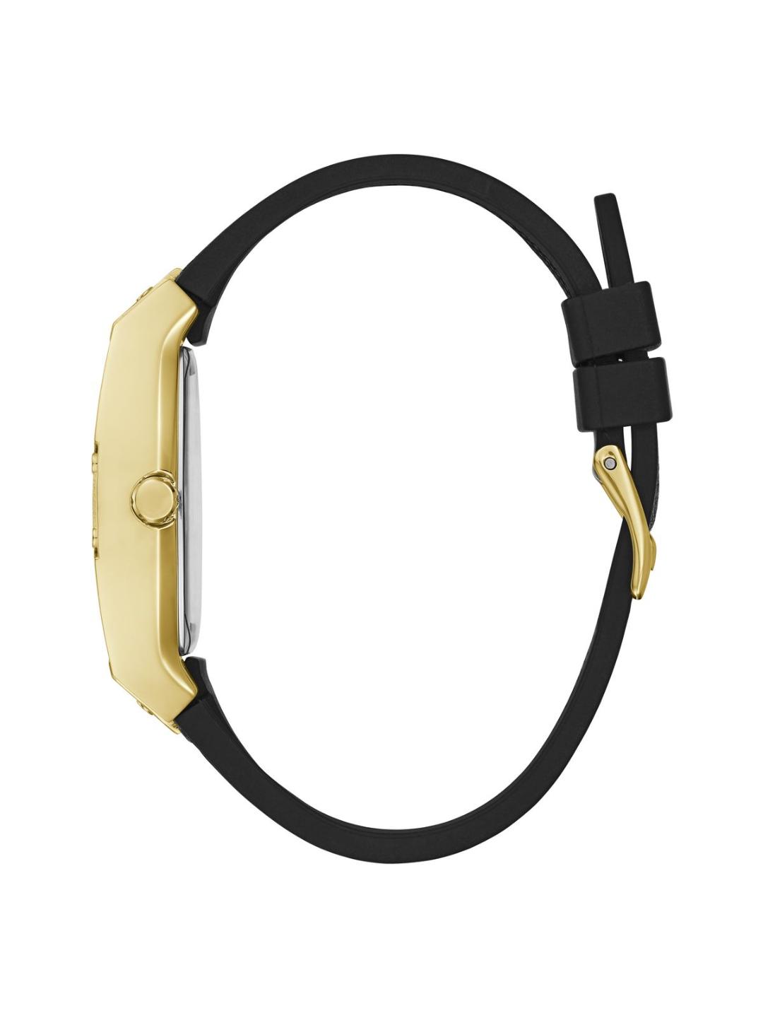 Gold watch with black strap on a white background
