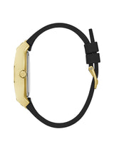 Gold watch with black strap on a white background
