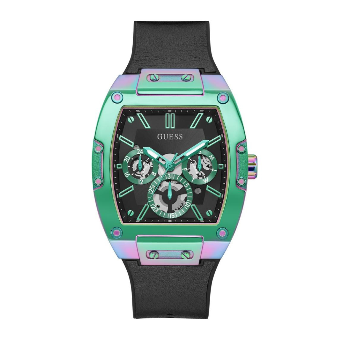 Green and black watch with Guess branding on a white background