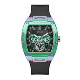 Green and black watch with Guess branding on a white background