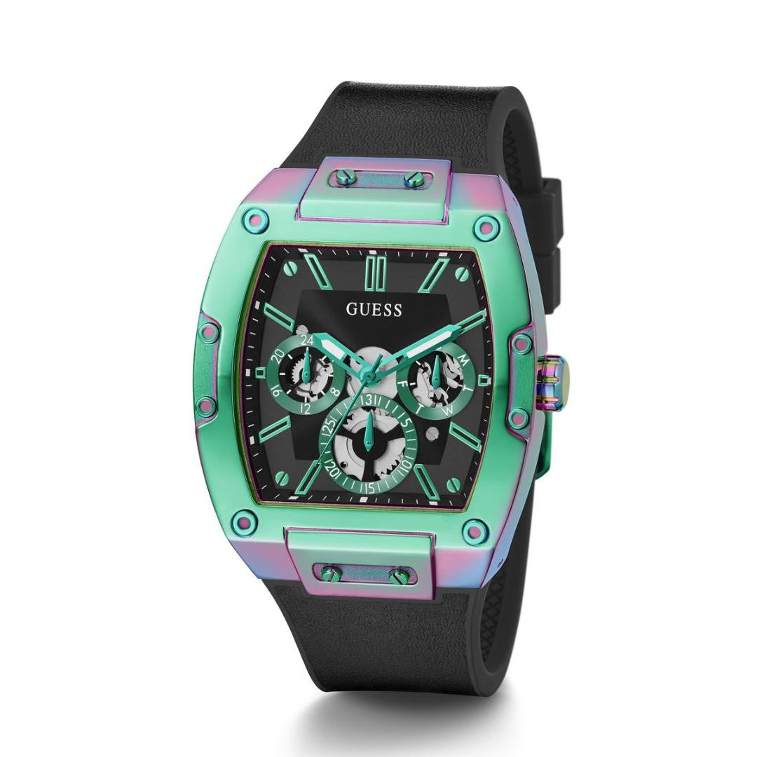 Multicolored watch with black strap on a white background