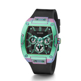 Multicolored watch with black strap on a white background
