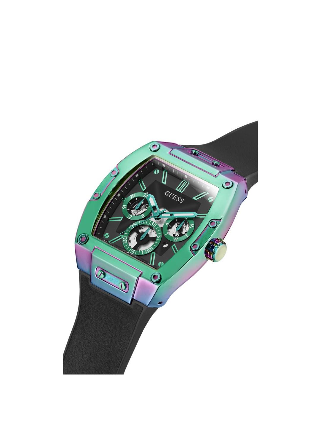 Colorful watch with a black strap on a white background