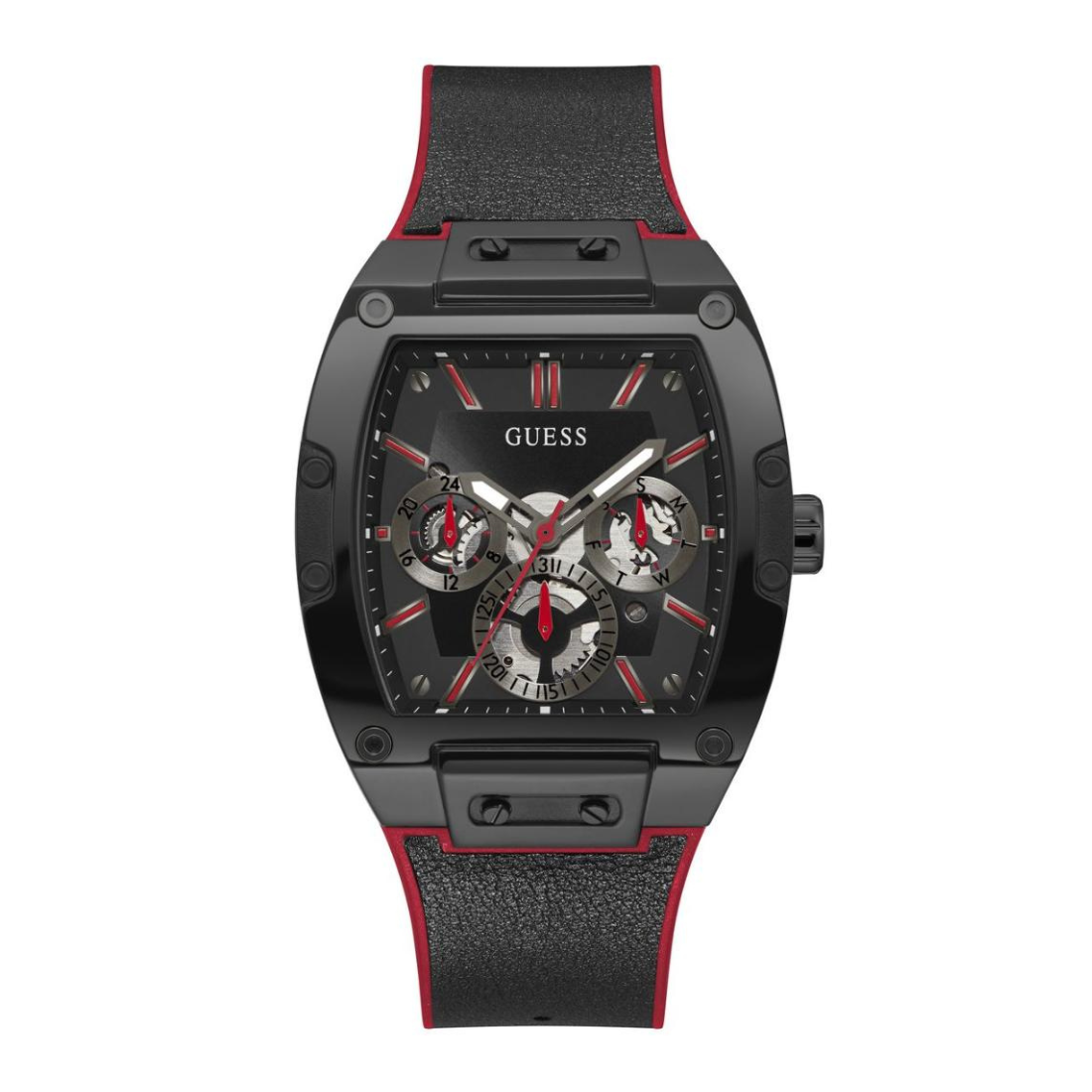 Black and red Guess watch on a white background