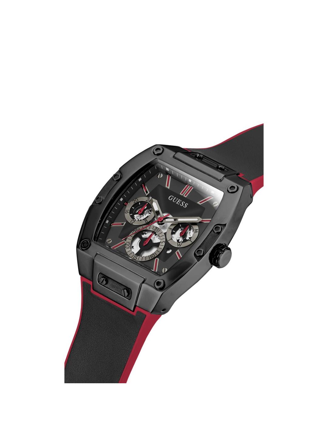 Black and red watch with a visible brand logo on a white background