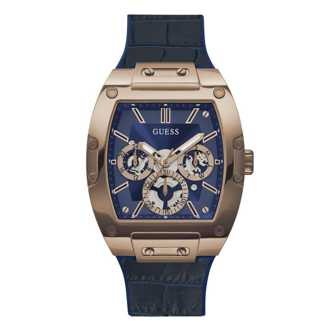 A Guess men's watch featuring a rectangular rose gold-tone case, a blue dial with three subdials, and a textured blue strap, shown against a plain white background.