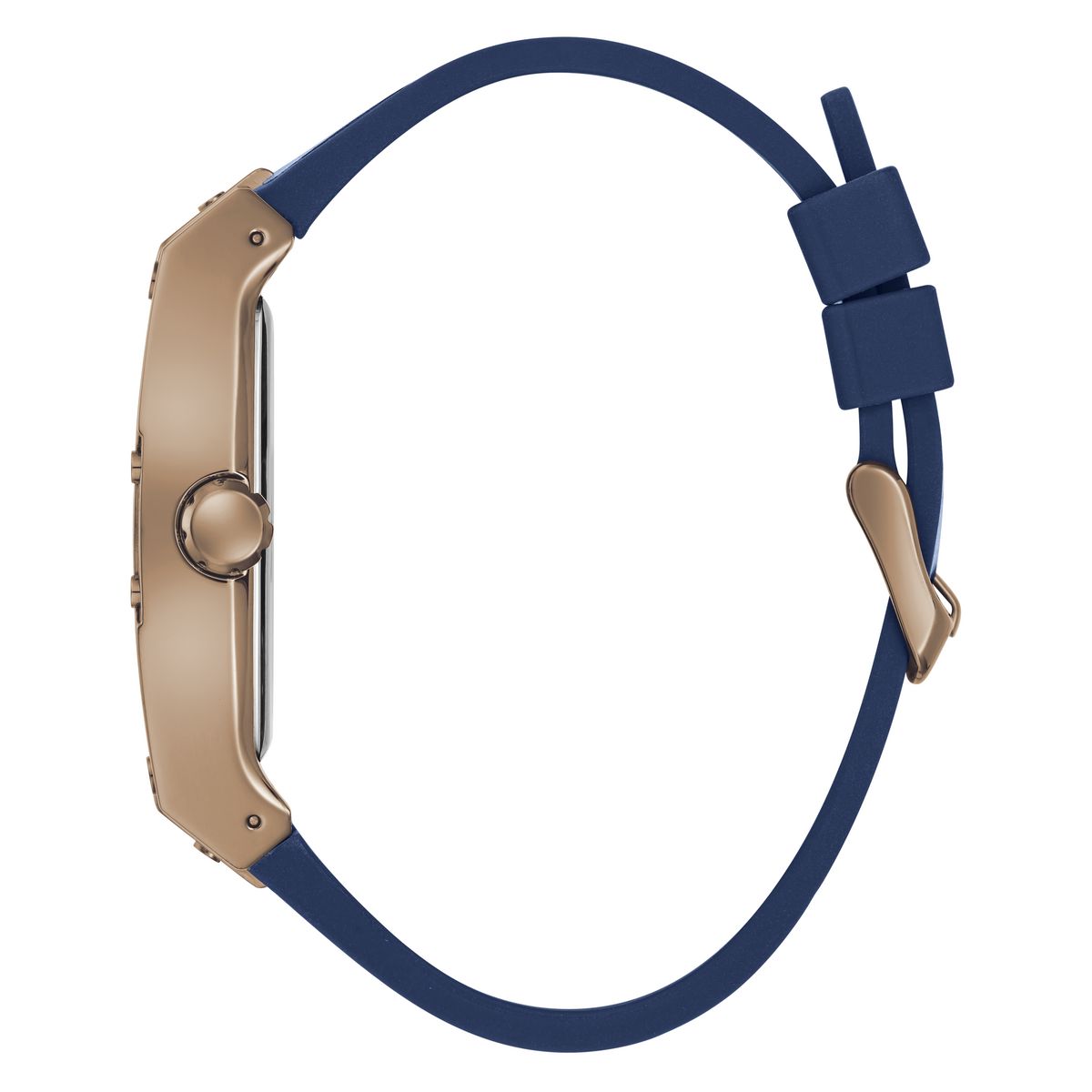 A smartwatch shown from the side with a rose gold case and a navy blue silicone strap on a plain white background.