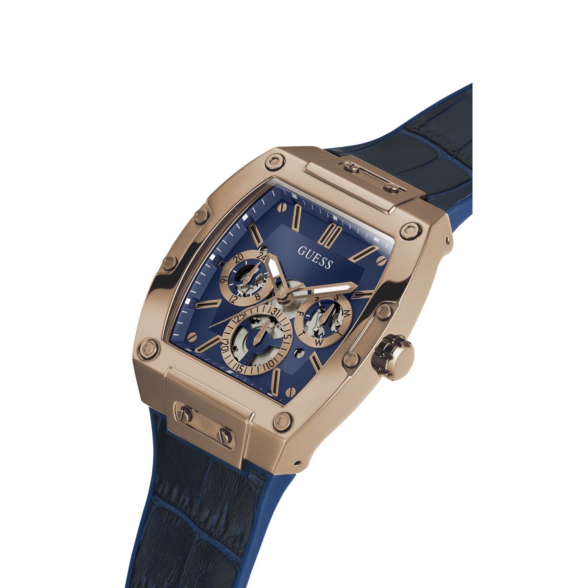 Blue and rose gold watch with Guess logo on a white background