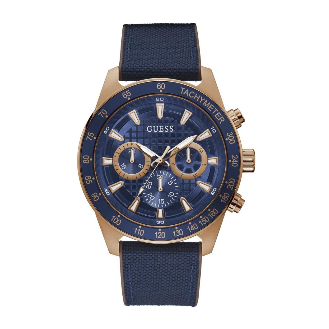 Blue and gold watch with blue strap on a white background
