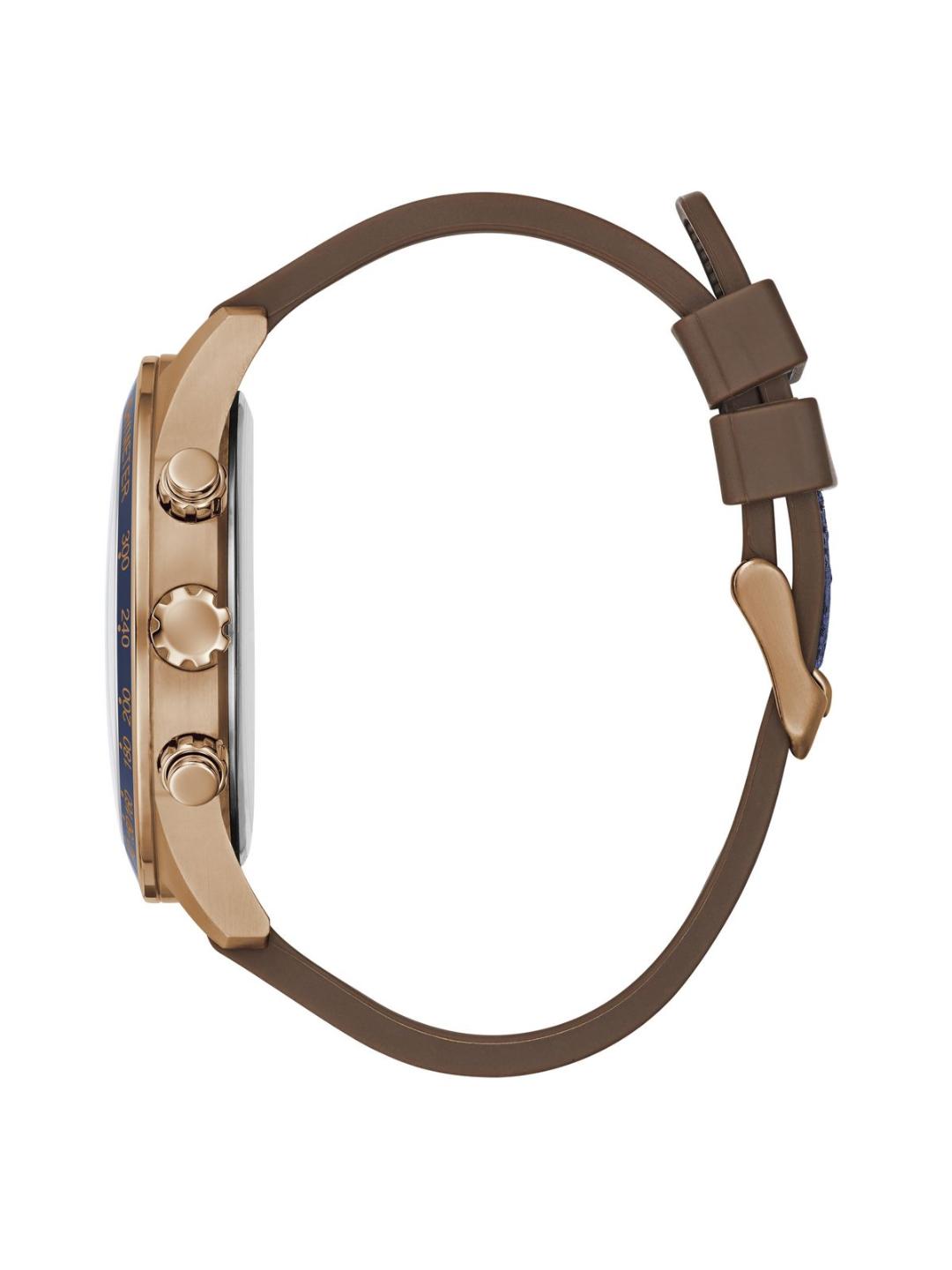 Watch with brown strap and rose gold case on a white background