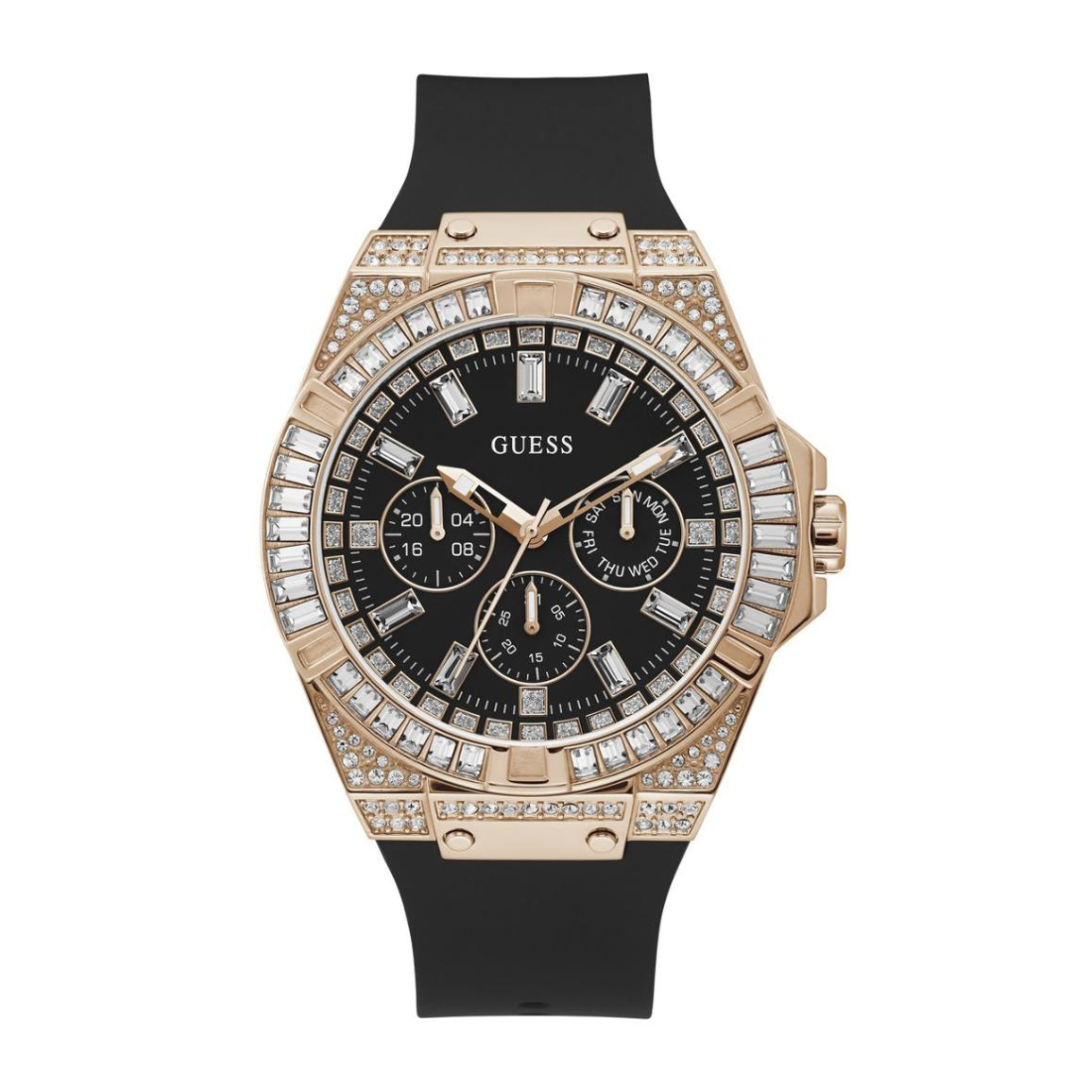 Guess watch with rose gold case, black dial, and black band on white background