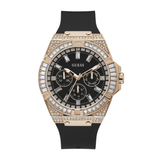 Guess watch with rose gold case, black dial, and black band on white background