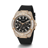 Guess watch with rose gold case, black dial, and black strap on white background