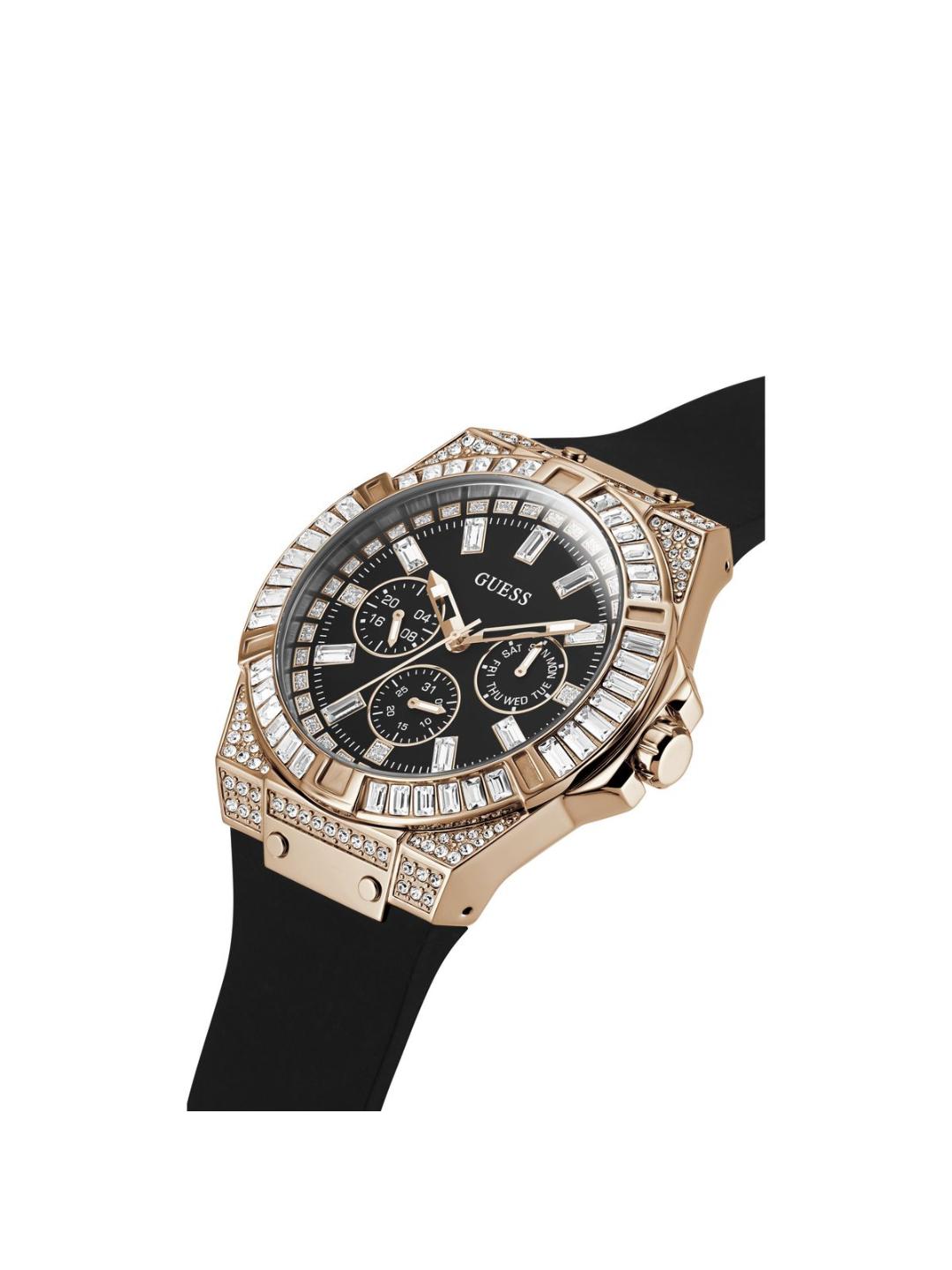 Luxury Guess watch with rose gold case, black dial, and black strap on a white background