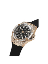 Luxury Guess watch with rose gold case, black dial, and black strap on a white background