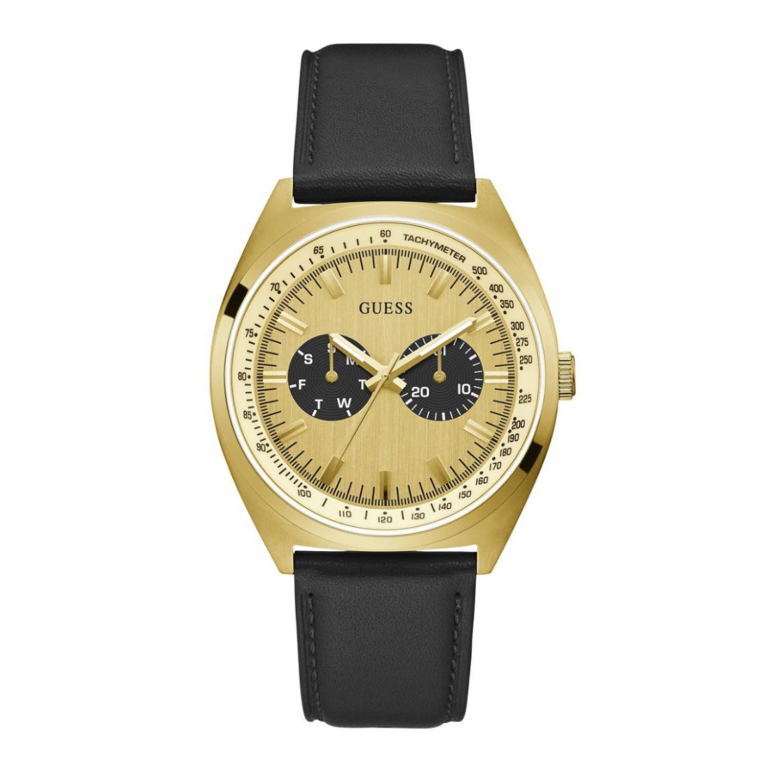 Gold watch with black strap on a white background