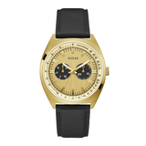 Gold watch with black strap on a white background