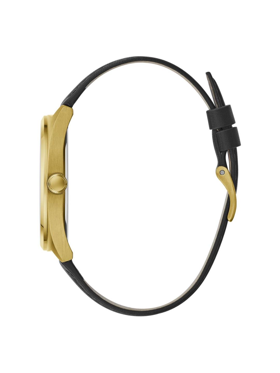 Gold watch with black strap on a white background