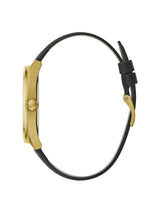Gold watch with black strap on a white background