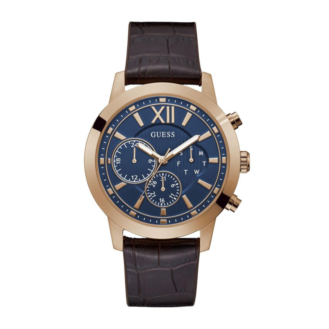 Watch with blue dial and brown leather strap on a white background