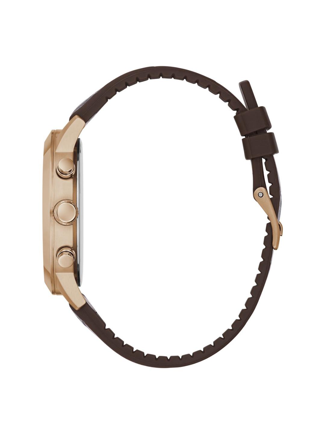 Close-up of a watch with a brown strap and rose gold case on a white background