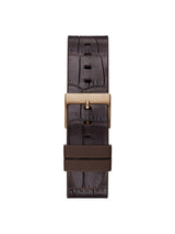 Brown leather belt with gold buckle on a white background
