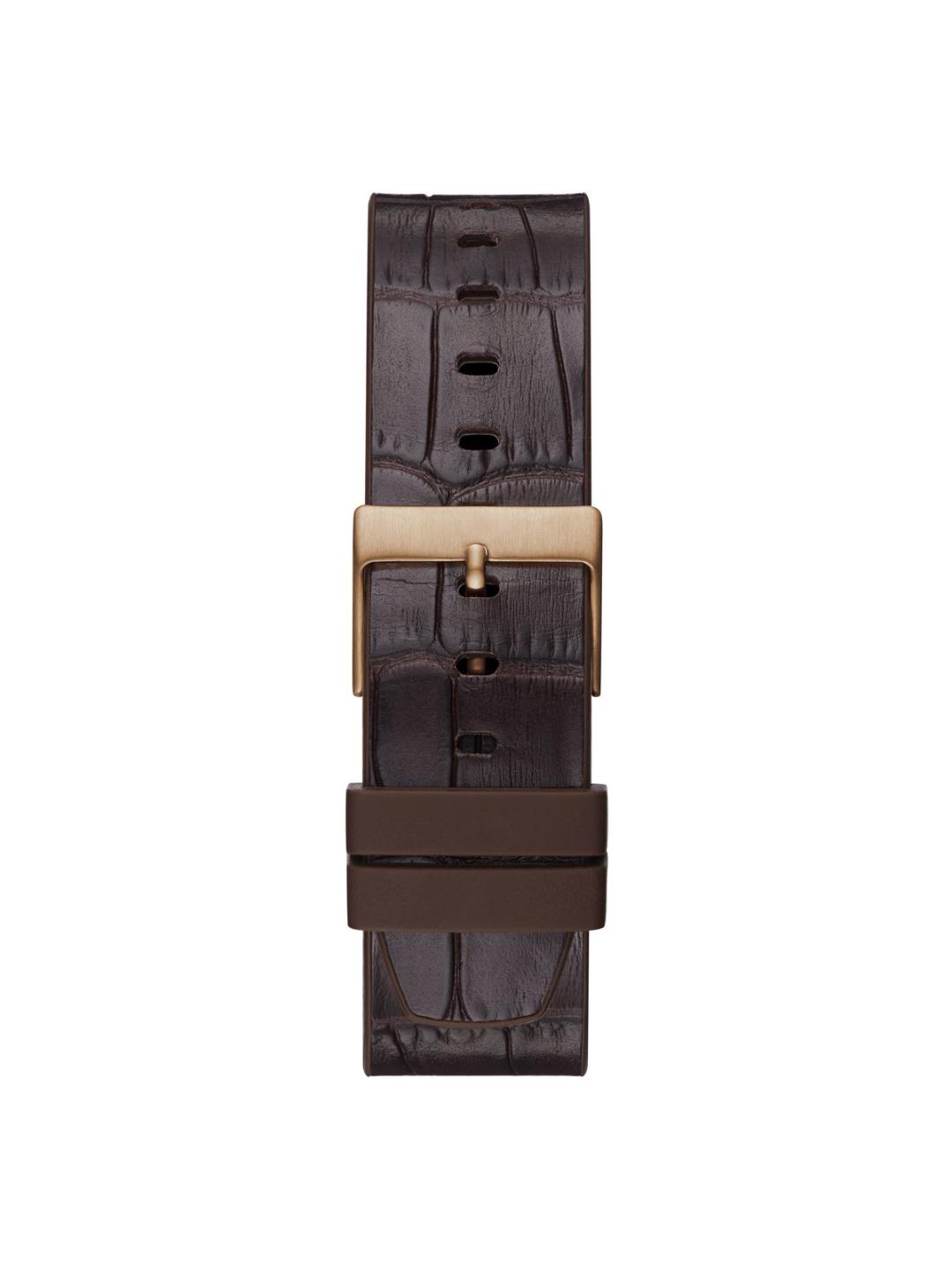 Brown leather belt with gold buckle on a white background