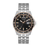Guess watch with black dial and silver bracelet on a white background